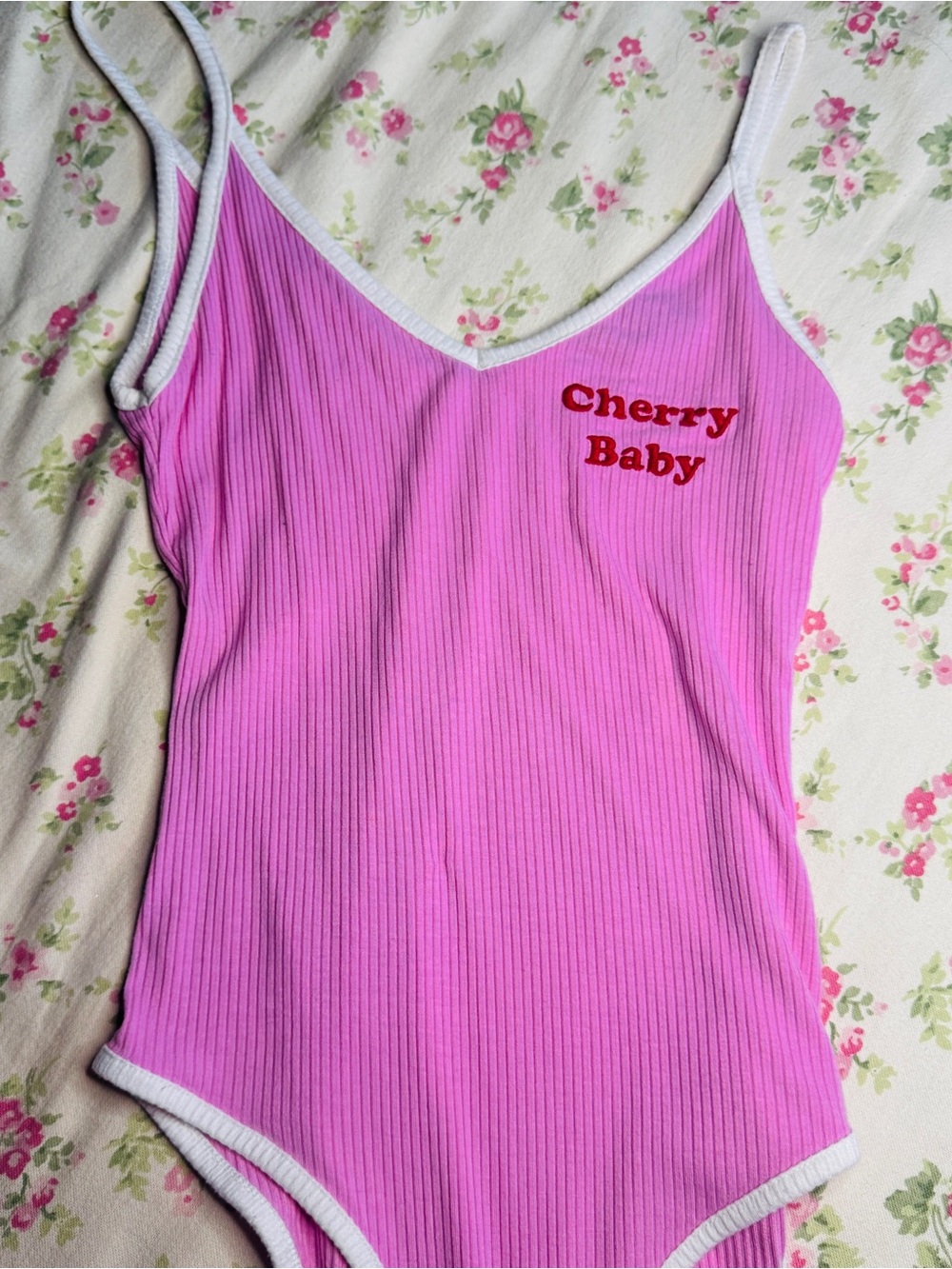 Forever 21 Pink Ribbed 'Cherry Baby' Trim Tank Bodysuit